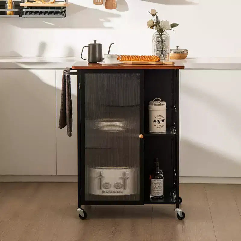 Costway Mobile Serving Cart Metal Kitchen Trolley w/Transparent Single Door Cabinet