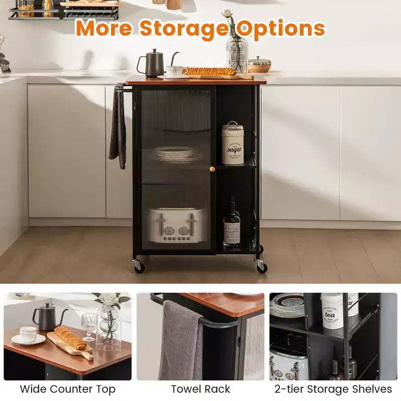 Costway Mobile Serving Cart Metal Kitchen Trolley w/Transparent Single Door Cabinet