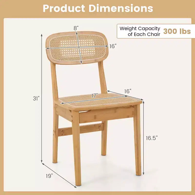 Costway Rattan Accent Chairs Set of 2 Bamboo Frame Cane Woven Backrest &Seat Dining Room