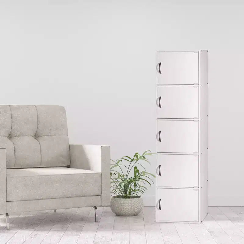 Hodedah HID5 High Quality 5 Shelf Home, Office, and School Enclosed Organization Storage 59 Inch Tall Slim Bookcase Cabinets