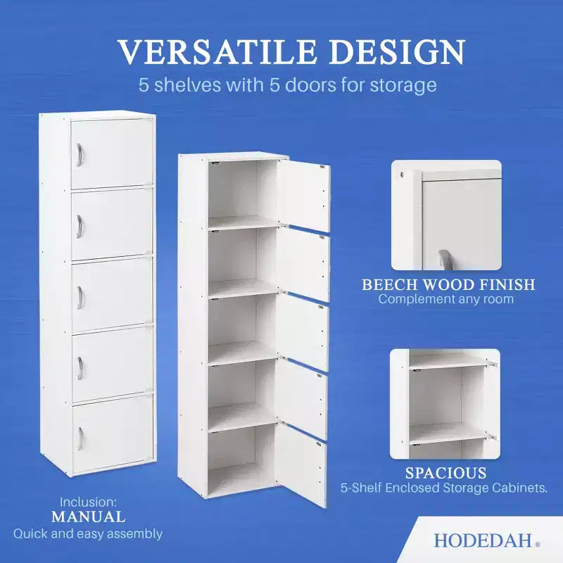 Hodedah HID5 High Quality 5 Shelf Home, Office, and School Enclosed Organization Storage 59 Inch Tall Slim Bookcase Cabinets