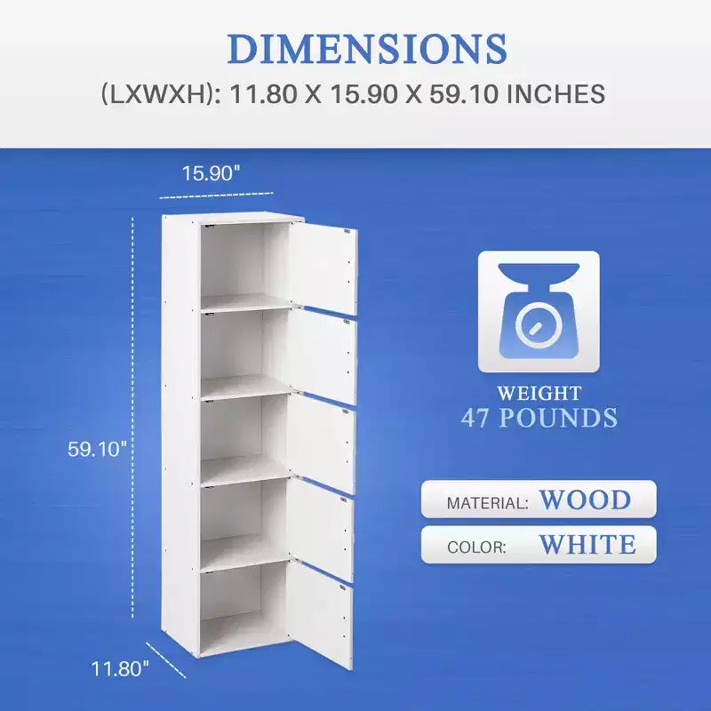 Hodedah HID5 High Quality 5 Shelf Home, Office, and School Enclosed Organization Storage 59 Inch Tall Slim Bookcase Cabinets