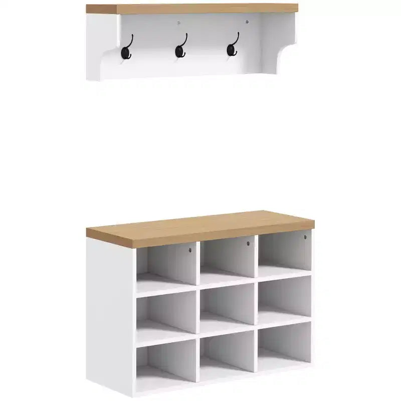 HOMCOM Shoe Bench and Coat Rack Set, 9 Pair Shoe Storage Rack with Hall Trees for Entryway Hallway, White