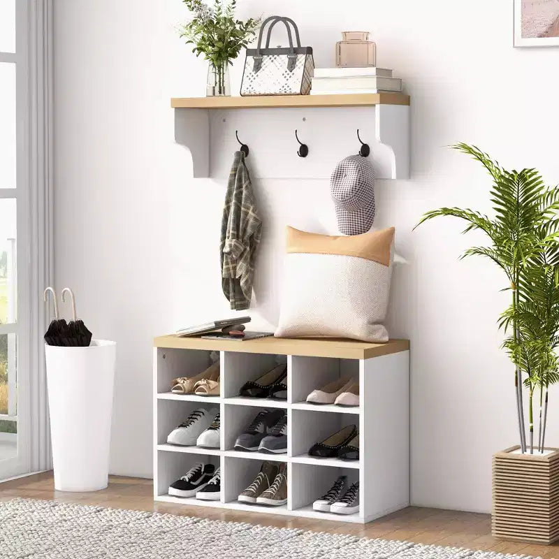 Set Panchina Porta Scarpe e Appendiabiti HOMCOM, Scarpiera da 9 Paia con Attaccapanni per Ingresso, Bianco
