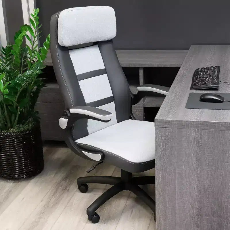 Elama High Back Adjustable Faux Leather and Fabric Office Chair in Dark Gray and Light Gray