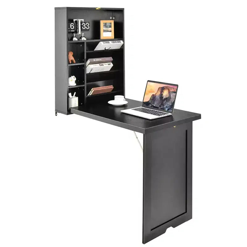 Costway Wall Mounted Computer Convertible Desk Floating Desk w/ Storage Bookcases