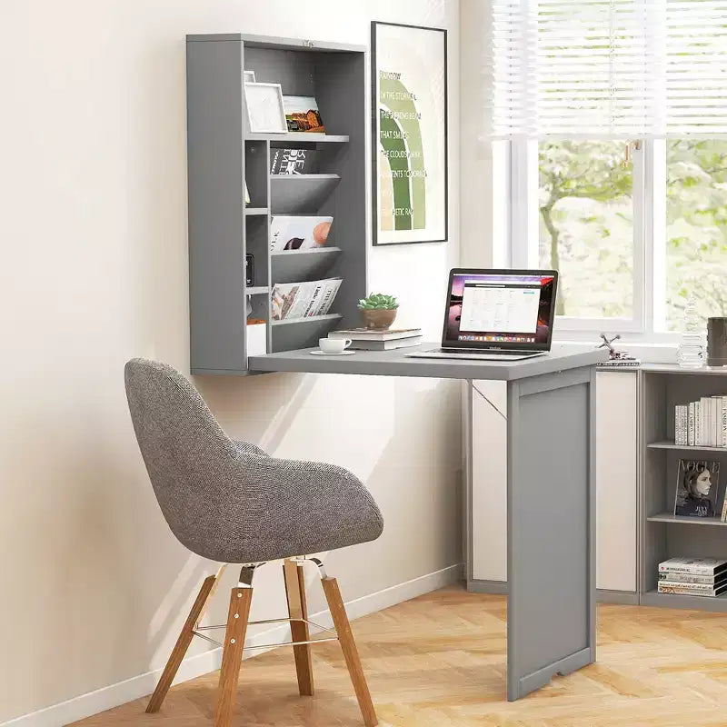 Costway Wall Mounted Computer Convertible Desk Floating Desk w/ Storage Bookcases