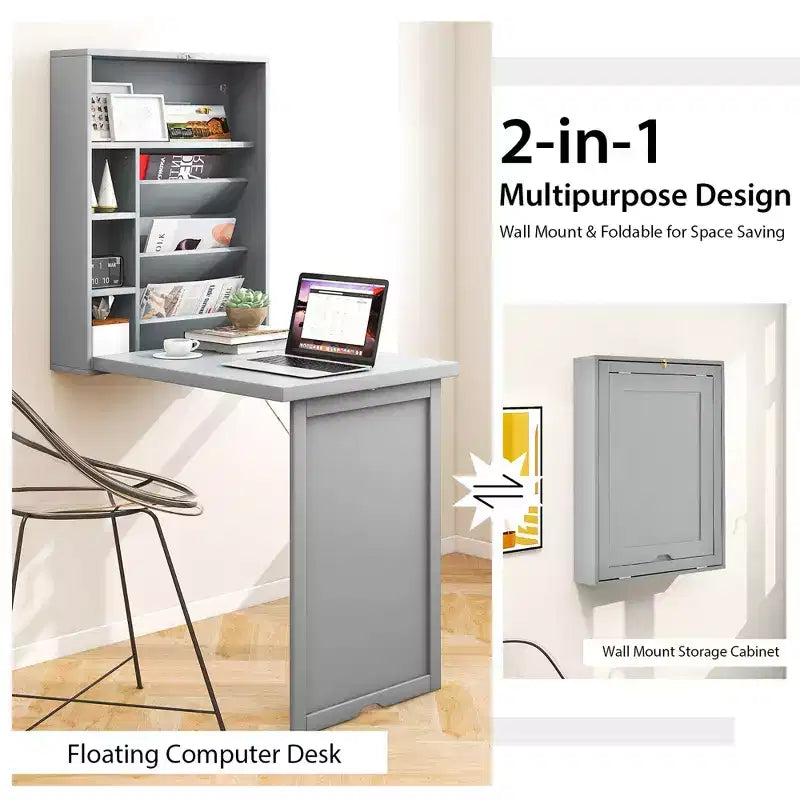 Costway Wall Mounted Computer Convertible Desk Floating Desk w/ Storage Bookcases