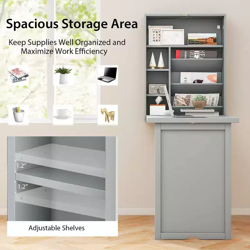 Costway Wall Mounted Computer Convertible Desk Floating Desk w/ Storage Bookcases