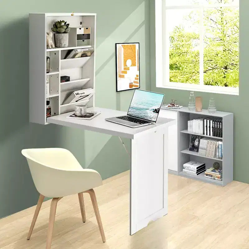 Costway Wall Mounted Computer Convertible Desk Floating Desk w/ Storage Bookcases