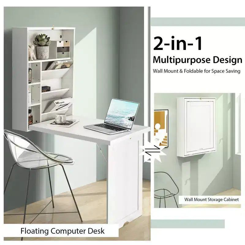 Costway Wall Mounted Computer Convertible Desk Floating Desk w/ Storage Bookcases