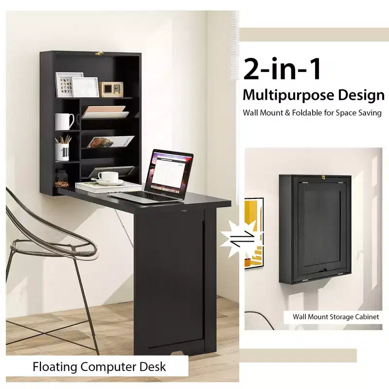 Costway Wall Mounted Computer Convertible Desk Floating Desk w/ Storage Bookcases
