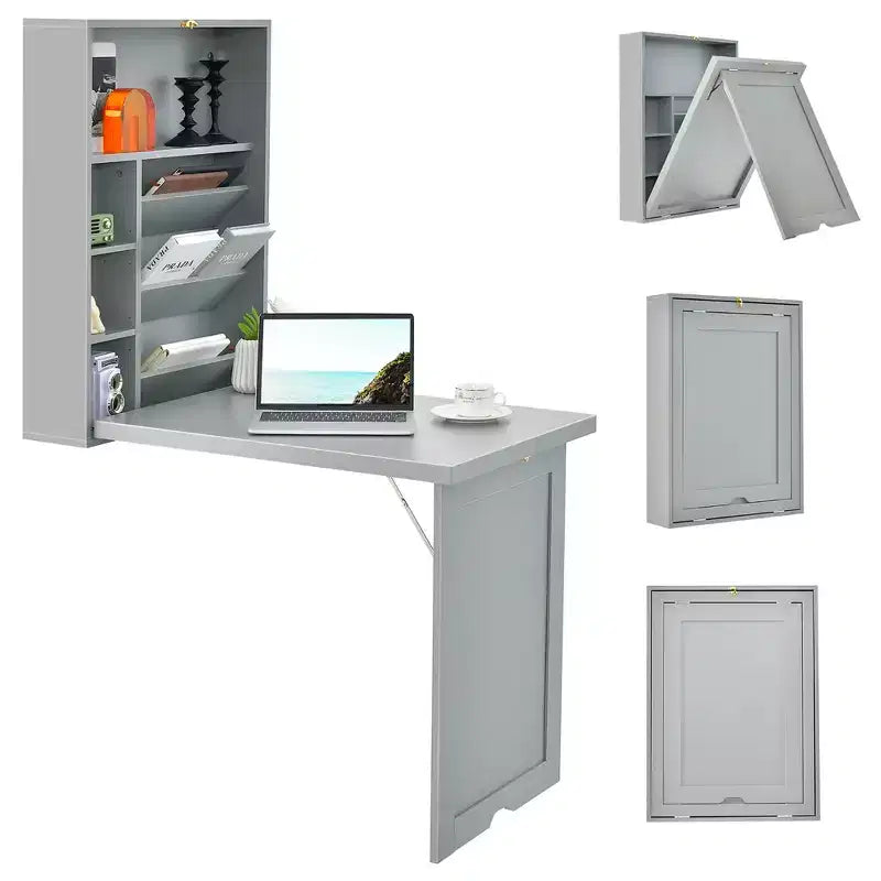 Costway Wall Mounted Computer Convertible Desk Floating Desk w/ Storage Bookcases