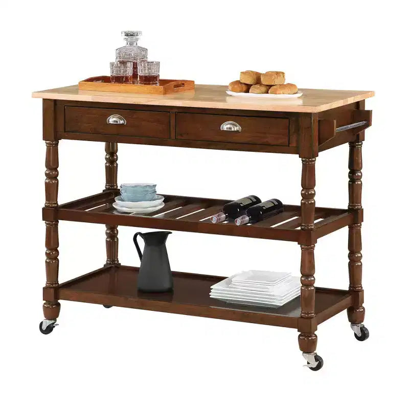 French Country 3 Tier Butcher Block Kitchen Cart with Drawers - Breighton Home