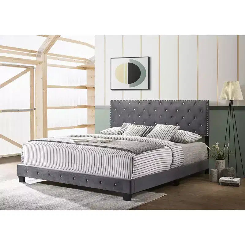 Passion Furniture Suffolk Tufted Velvet Upholstered King Panel Bed