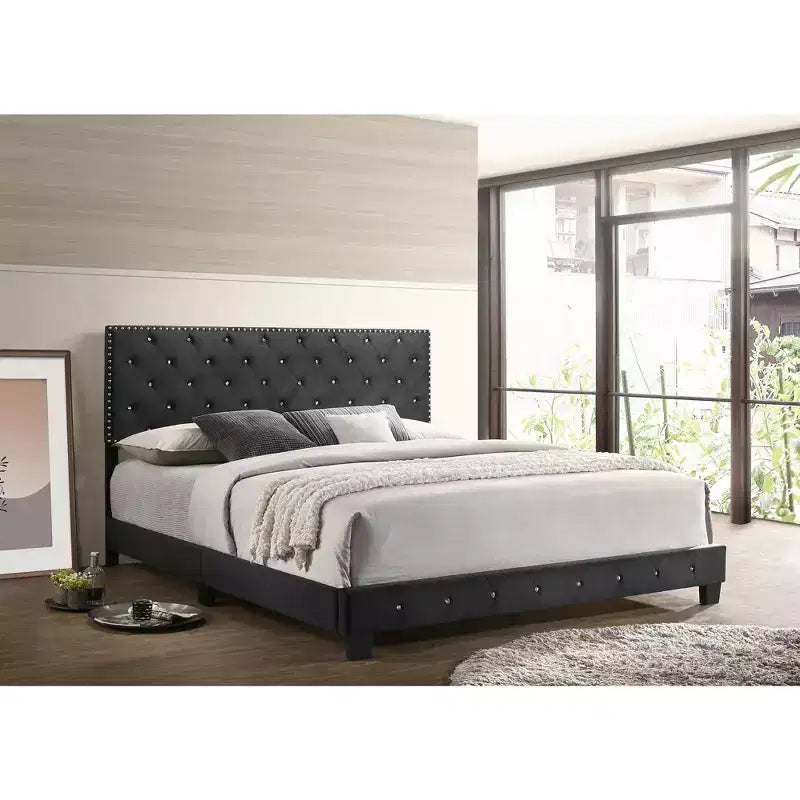 Passion Furniture Suffolk Tufted Velvet Upholstered King Panel Bed