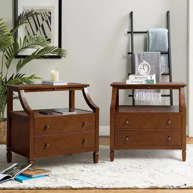 Bernadette Modern 2 - Tavolino da Notte con 2 Cassetti con Prese Integrate e Vassoio Portaoggetti Estraibile Set di 2|HULALA HOME