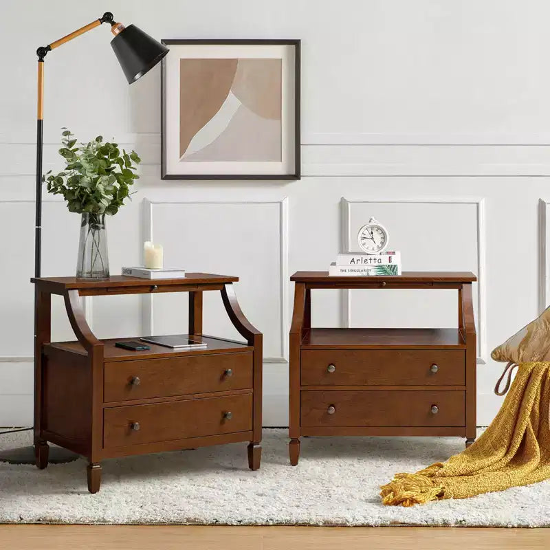 Bernadette Modern 2 - Tavolino da Notte con 2 Cassetti con Prese Integrate e Vassoio Portaoggetti Estraibile Set di 2|HULALA HOME