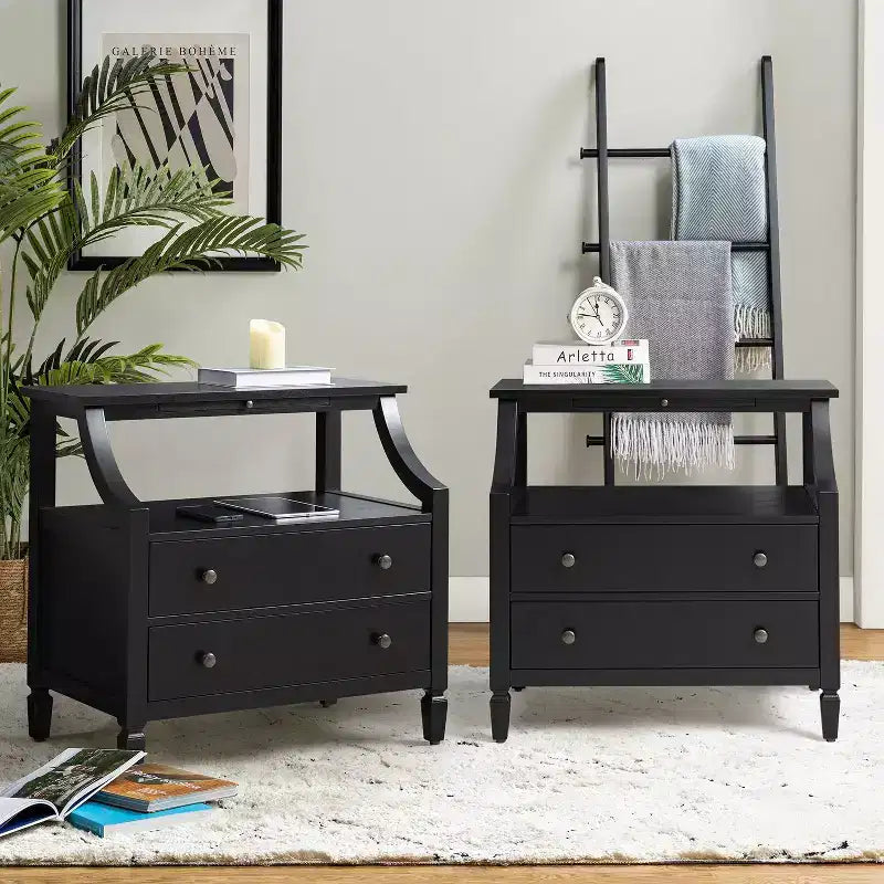 Bernadette Modern 2 - Tavolino da Notte con 2 Cassetti con Prese Integrate e Vassoio Portaoggetti Estraibile Set di 2|HULALA HOME