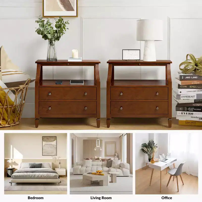 Bernadette Modern 2 - Tavolino da Notte con 2 Cassetti con Prese Integrate e Vassoio Portaoggetti Estraibile Set di 2|HULALA HOME
