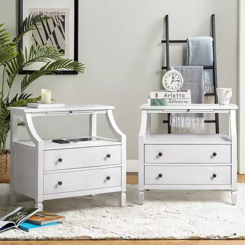 Bernadette Modern 2 - Tavolino da Notte con 2 Cassetti con Prese Integrate e Vassoio Portaoggetti Estraibile Set di 2|HULALA HOME