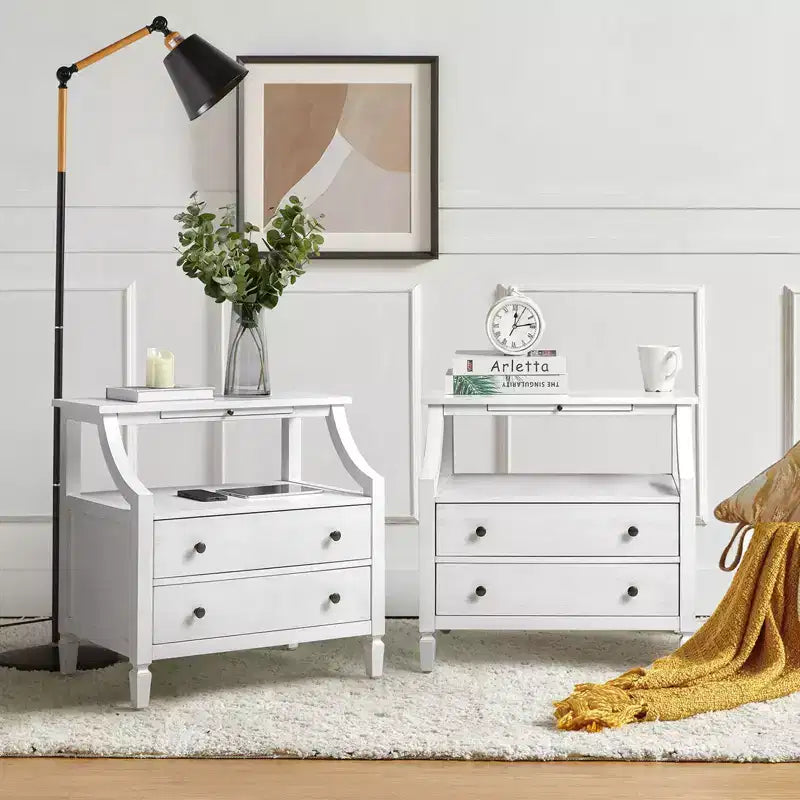 Bernadette Modern 2 - Tavolino da Notte con 2 Cassetti con Prese Integrate e Vassoio Portaoggetti Estraibile Set di 2|HULALA HOME