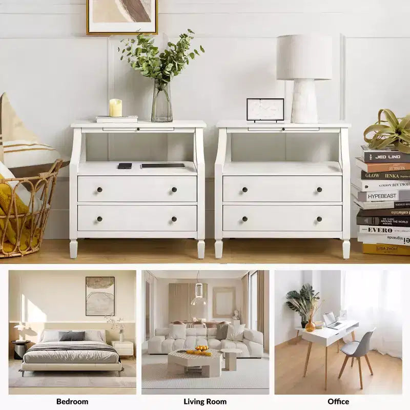 Bernadette Modern 2 - Tavolino da Notte con 2 Cassetti con Prese Integrate e Vassoio Portaoggetti Estraibile Set di 2|HULALA HOME