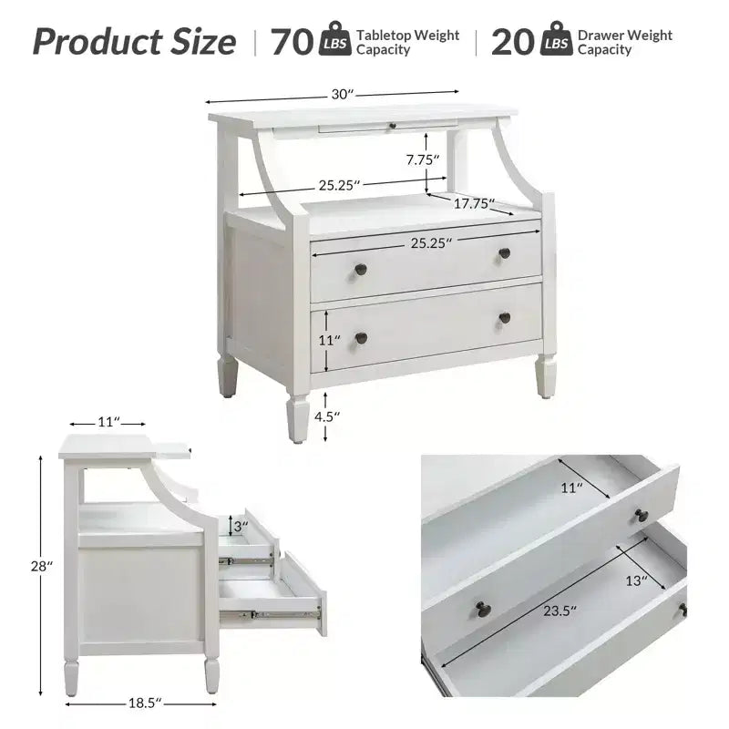 Bernadette Modern 2 - Tavolino da Notte con 2 Cassetti con Prese Integrate e Vassoio Portaoggetti Estraibile Set di 2|HULALA HOME