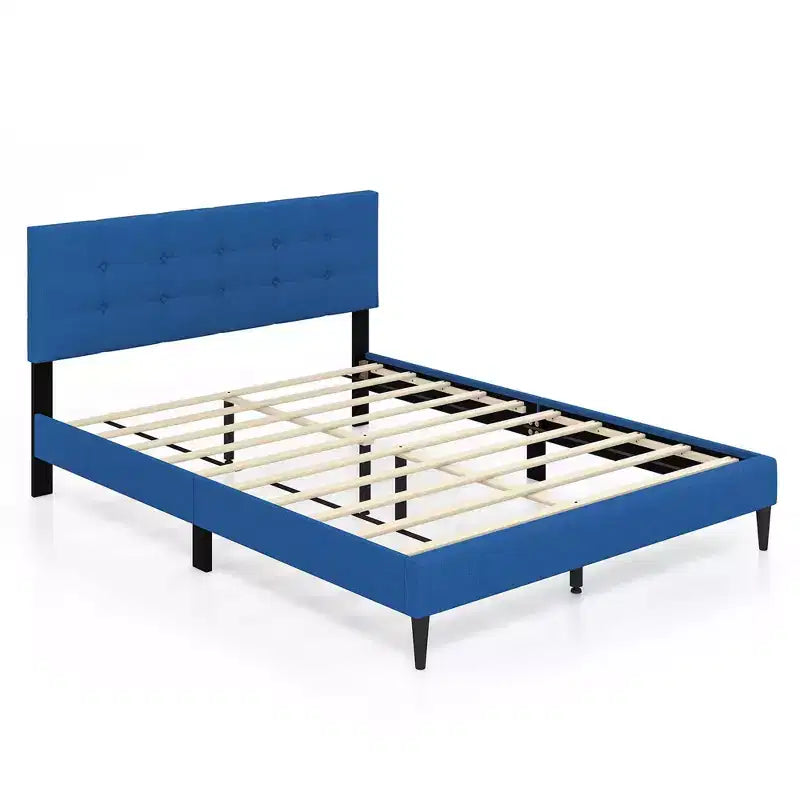 Costway Queen Upholstered Platform Bed Mattress Foundation Button Tufted Headboard Blue/Grey