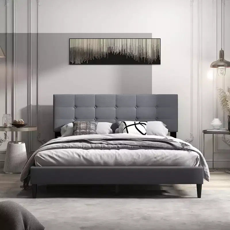 Costway Queen Upholstered Platform Bed Mattress Foundation Button Tufted Headboard Blue/Grey