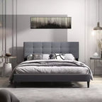 Costway Queen Upholstered Platform Bed Mattress Foundation Button Tufted Headboard Blue/Grey