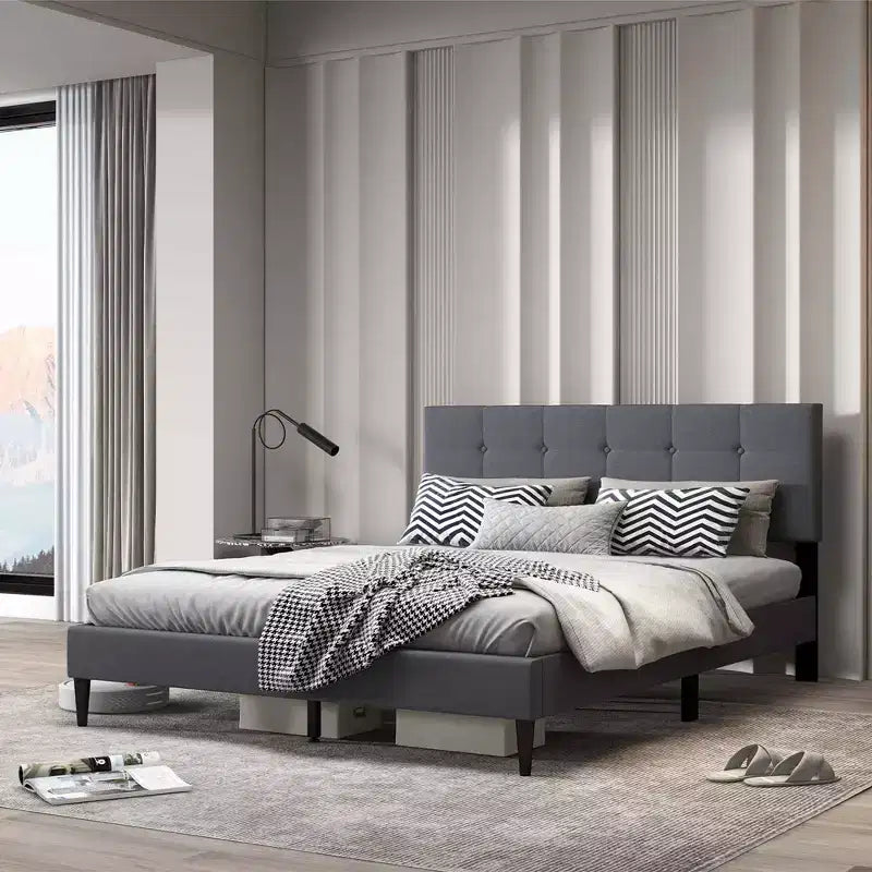 Costway Queen Upholstered Platform Bed Mattress Foundation Button Tufted Headboard Blue/Grey