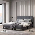 Costway Queen Upholstered Platform Bed Mattress Foundation Button Tufted Headboard Blue/Grey