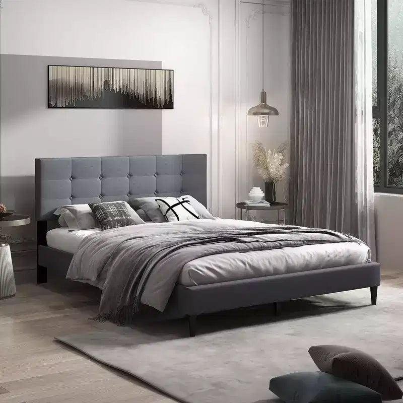 Costway Queen Upholstered Platform Bed Mattress Foundation Button Tufted Headboard Blue/Grey