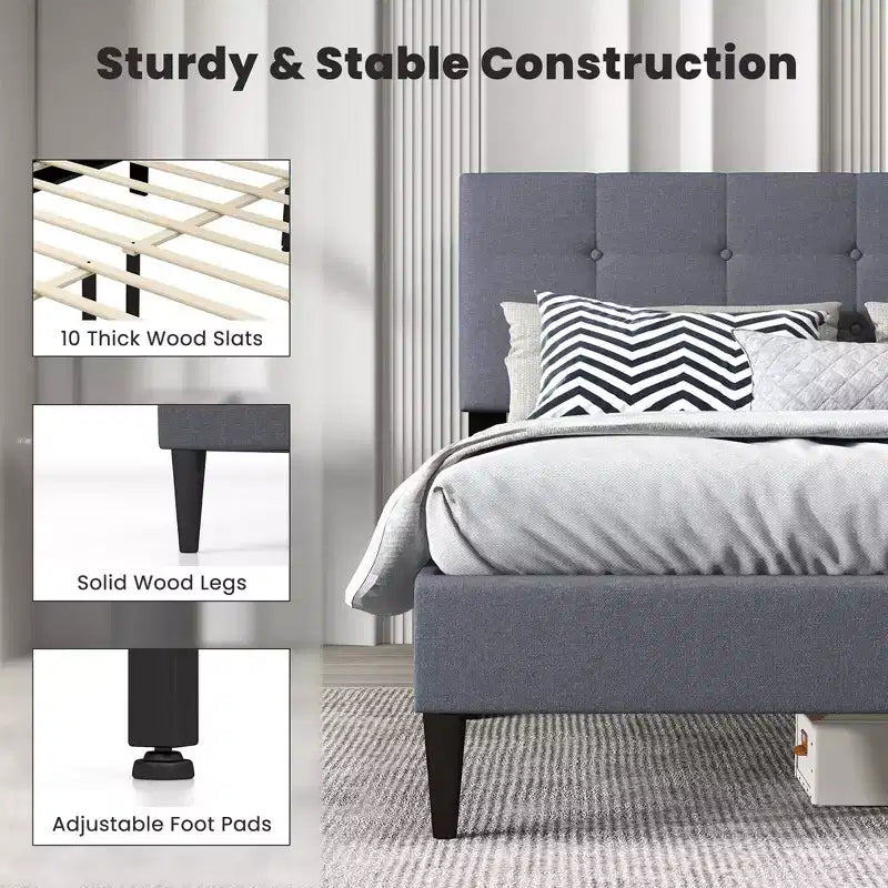 Costway Queen Upholstered Platform Bed Mattress Foundation Button Tufted Headboard Blue/Grey