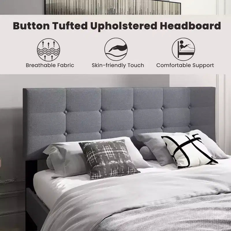 Costway Queen Upholstered Platform Bed Mattress Foundation Button Tufted Headboard Blue/Grey