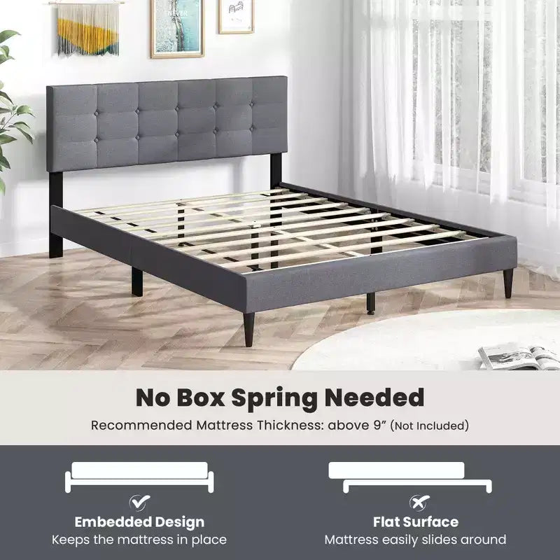 Costway Queen Upholstered Platform Bed Mattress Foundation Button Tufted Headboard Blue/Grey