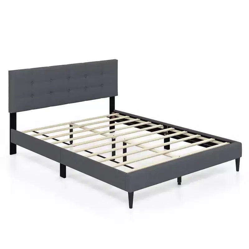 Costway Queen Upholstered Platform Bed Mattress Foundation Button Tufted Headboard Blue/Grey