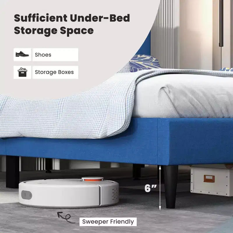 Costway Queen Upholstered Platform Bed Mattress Foundation Button Tufted Headboard Blue/Grey