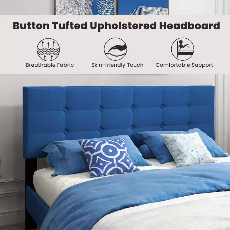 Costway Queen Upholstered Platform Bed Mattress Foundation Button Tufted Headboard Blue/Grey