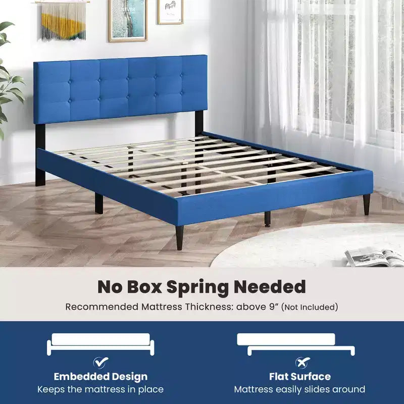 Costway Queen Upholstered Platform Bed Mattress Foundation Button Tufted Headboard Blue/Grey