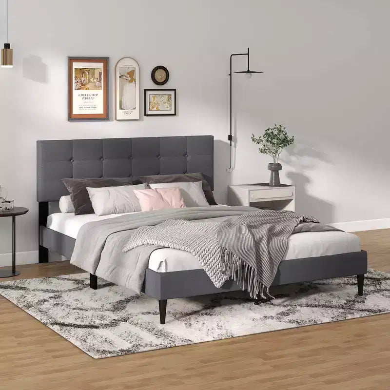 Costway Queen Upholstered Platform Bed Mattress Foundation Button Tufted Headboard Blue/Grey
