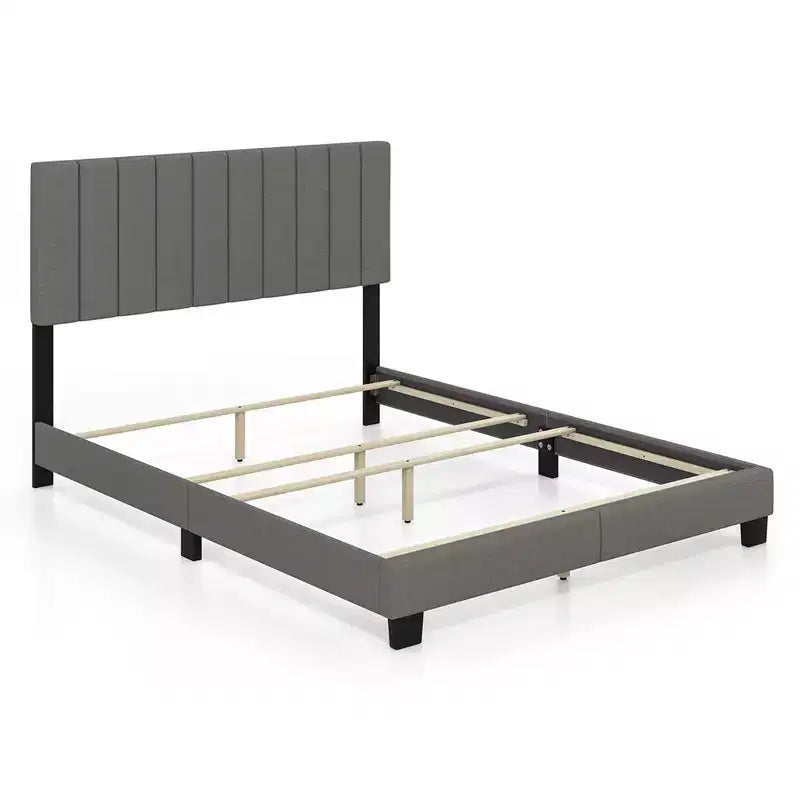 Costway Queen Upholstered Platform Bed Frame Mattress Foundation Box Spring Needed Gray