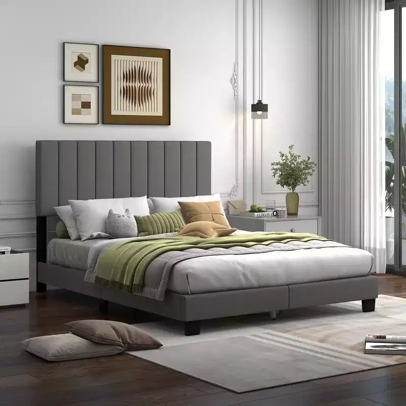 Costway Queen Upholstered Platform Bed Frame Mattress Foundation Box Spring Needed Gray