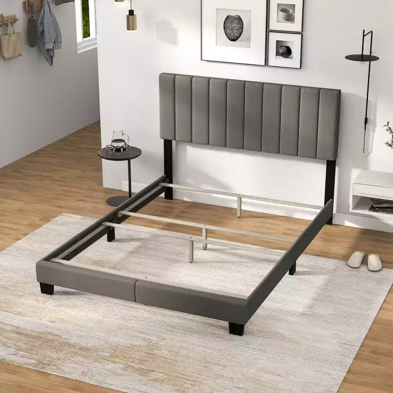 Costway Queen Upholstered Platform Bed Frame Mattress Foundation Box Spring Needed Gray