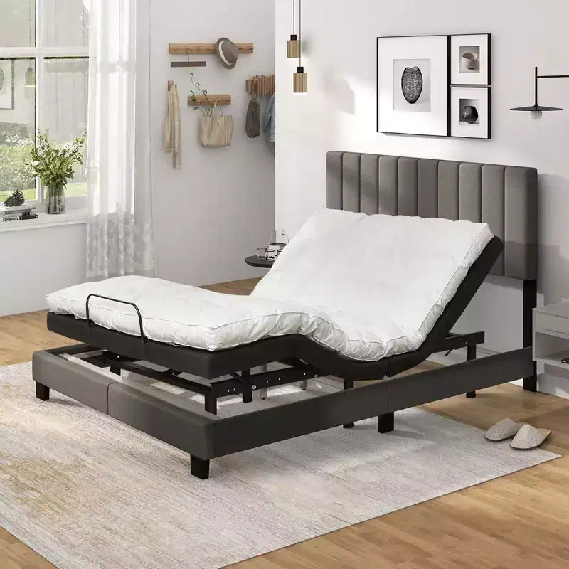 Costway Queen Upholstered Platform Bed Frame Mattress Foundation Box Spring Needed Gray
