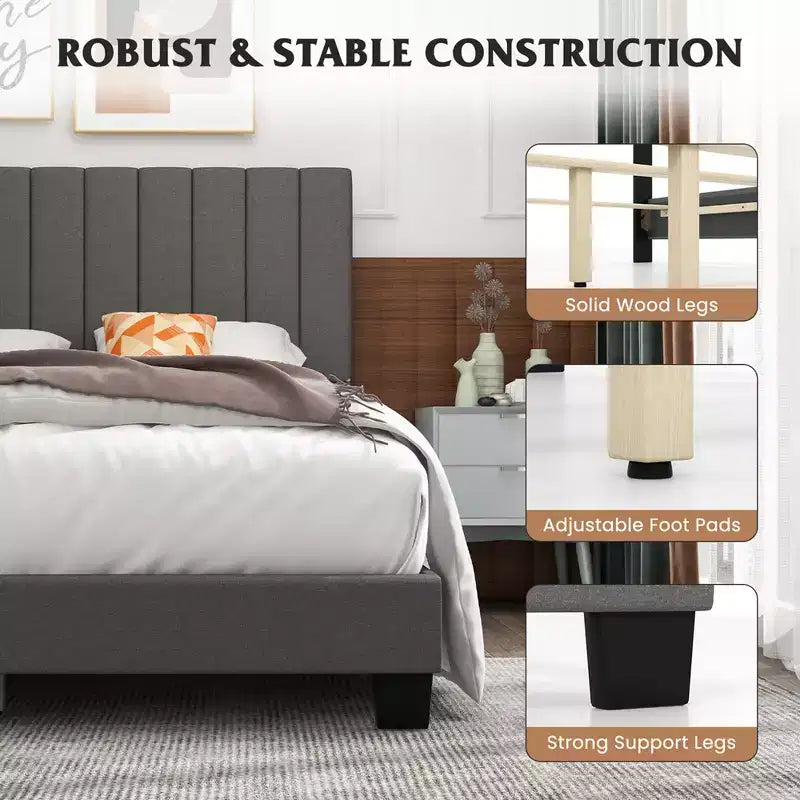 Costway Queen Upholstered Platform Bed Frame Mattress Foundation Box Spring Needed Gray