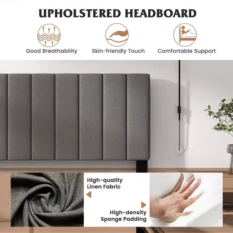 Costway Queen Upholstered Platform Bed Frame Mattress Foundation Box Spring Needed Gray