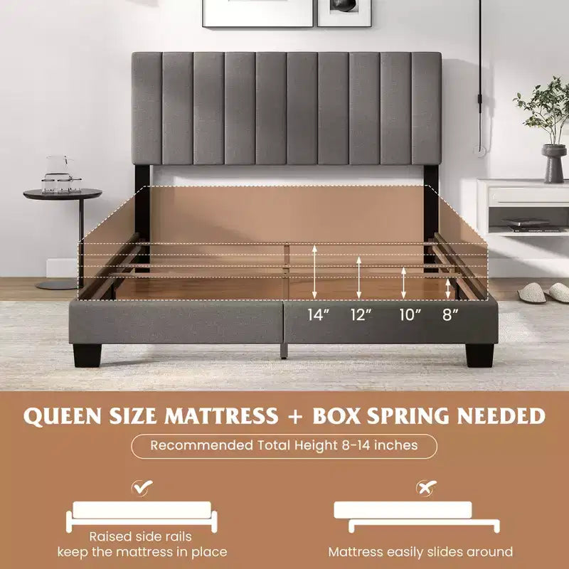 Costway Queen Upholstered Platform Bed Frame Mattress Foundation Box Spring Needed Gray