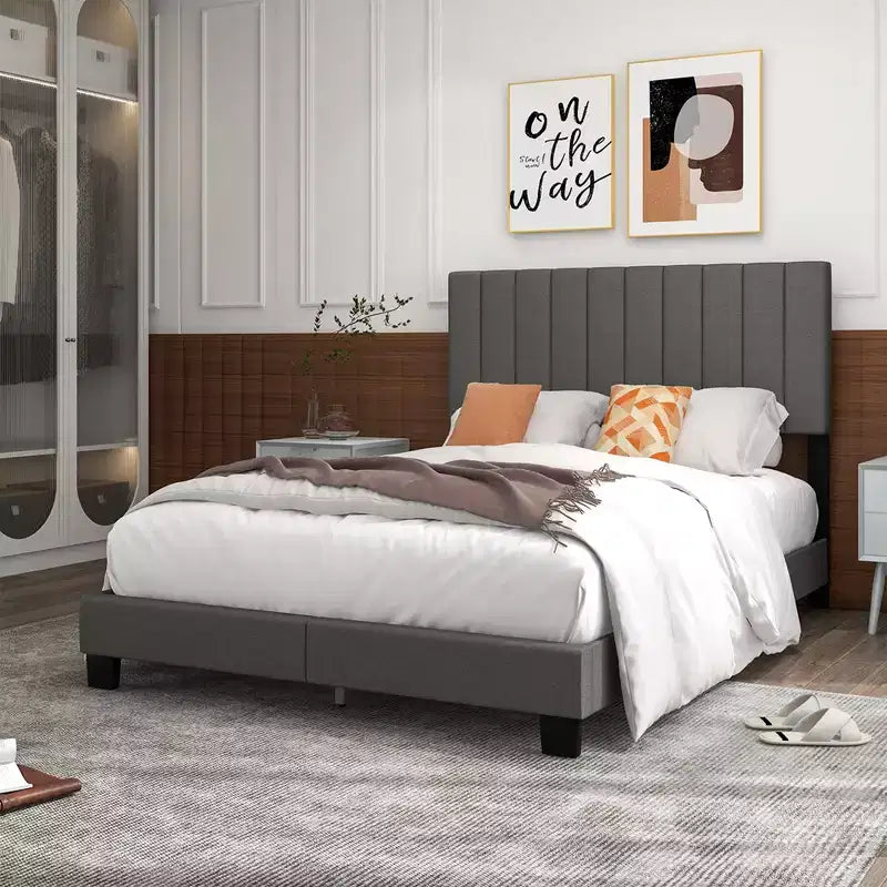 Costway Queen Upholstered Platform Bed Frame Mattress Foundation Box Spring Needed Gray